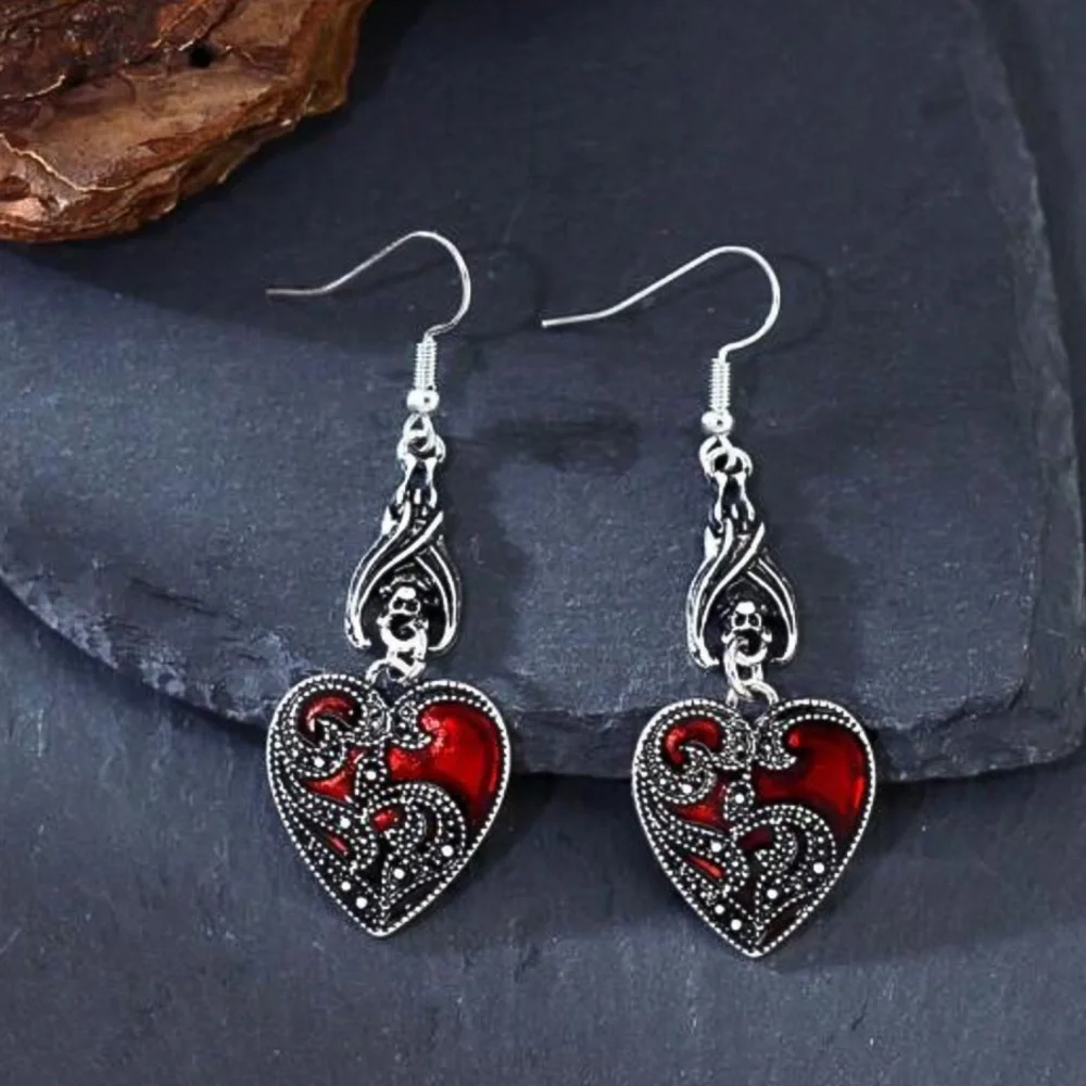 Antiqued Silver/Red Lacquer Heart Drop Earrings - Picture 2 of 7